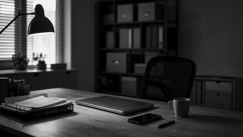 Empty office desk with paperwork, a closed laptop, and a coffee cup